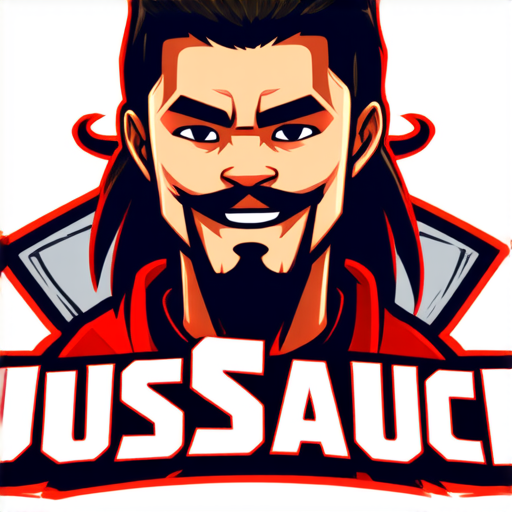 AI Design for JusSauce Gaming name with a young boy with long hair and french cut goatee behind
