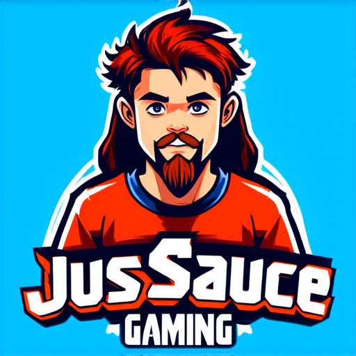 AI Design for JusSauce Gaming name with a young boy with long hair and french cut goatee behind