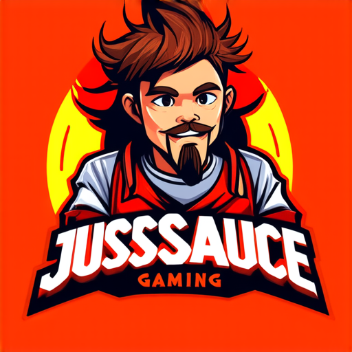 AI Design for JusSauce Gaming name with a young boy with long hair and french cut goatee behind