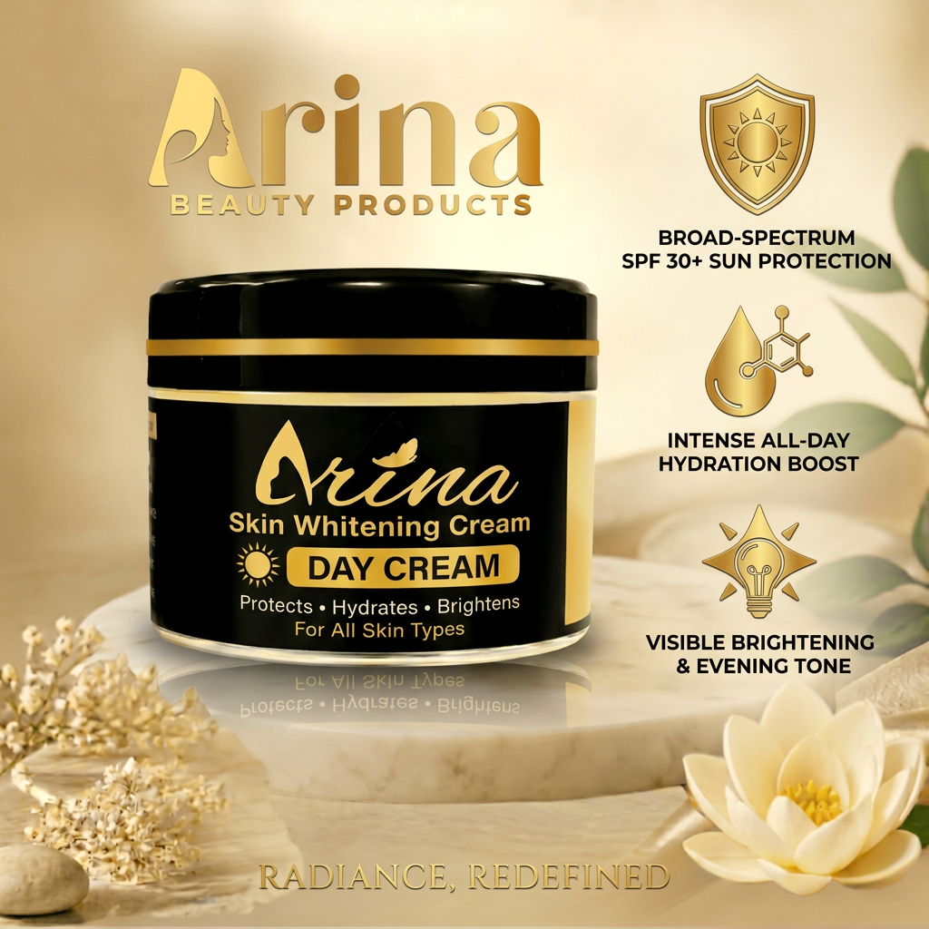 Arina Skin Whitening Day Cream post text ho and services with icon. logo are mention