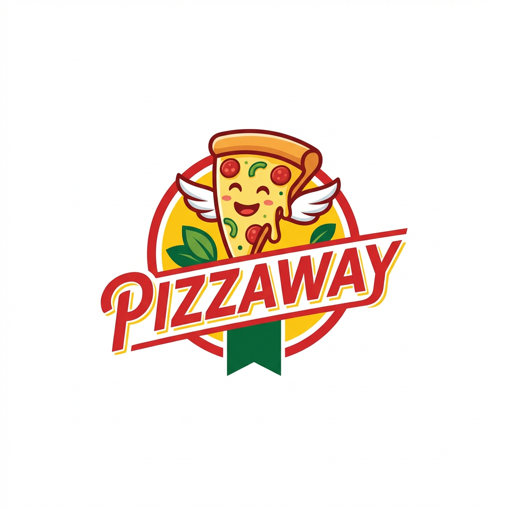 AI Design for A scalable vector logo design featuring a stylized mascot element integrated with the brand name "PIZZAWAY" — Centered graphic, utilizing a bold, streamlined typeface that harmonizes with the accompanying illustration. Primary colors are bold red, vibrant cheese yellow, and crisp white, accented by deep green. Bright, high-key, flat graphic lighting creating an energetic, approachable mood suitable for fast food branding. Clean vector art, modern corporate identity style with geometric shapes and clear linework. The design must feature the exact word "PIZZAWAY"; keep text/logos/labels EXACTLY unchanged; no rewriting, redrawing, correcting, or adding any text; output must be a single, scalable logo mark. Isolated on a pure white background.