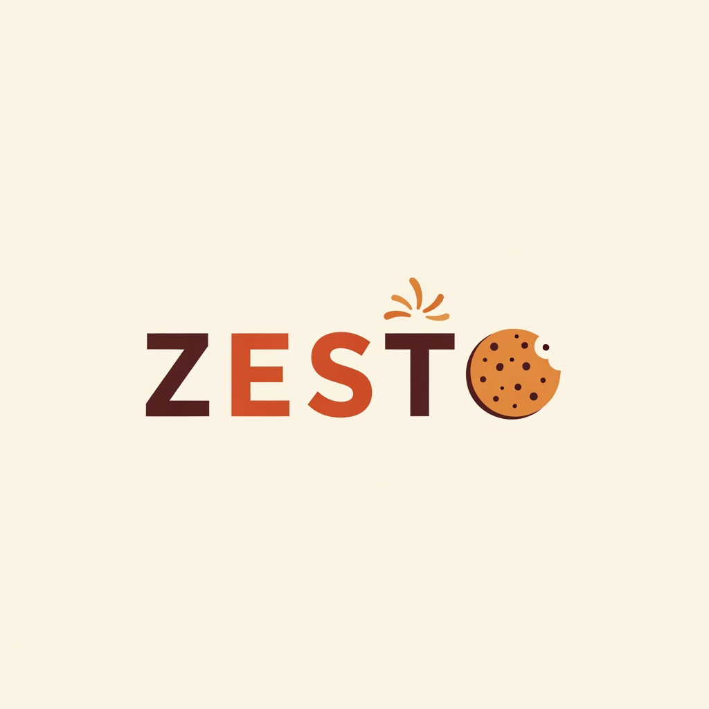AI Design for Create a logo for cookies brand Named by ZESTO.Minimal,Cozy,Warm Color,Modern design . O refers a bited cookie and Character will more creativr