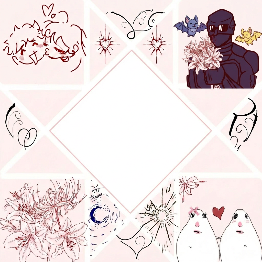 vale, ahora de esta imagen quiero que cambies la esquina superior derecha por la imagen 2. Haz que el dibujo de la imagen 2 tenga el mismo formato que los otros dibujos de la imagen 1. Ademas de eso, quiero que cuando pongas la imagen 2, cambies los pajaros y pongas murcielagos pero con el estilo de los pajaros, y que cambies el peluche por un ramo de lirios. Tambien no le quites el color al personaje de la imagen 2, solo haz que no sea un color tan realista, tipo, que sea como el de la imagen 2