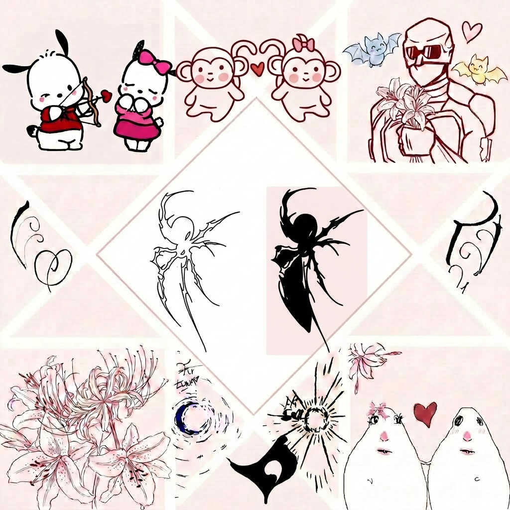 vale, ahora quiero que de la imagen quites los dibujos que estan en el medio abajo que esta entre los dibujos de las esquinas inferiores, y quiero que pongas en esos espacios del medio la imagen 2 y 3. Quiero que en la figura de la izquierda pongas el dibujo de la imagen 2, y en la figura de la derecha pongas la imagen 3