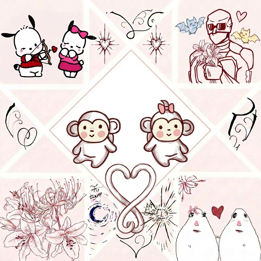 vale, quiero que de esta imagen, quites los 2 corazones de arriba en el medio y pongas  en cada corazon los monos de la imagen 2, tipo, en un corazon el mono de la derecha y en el otro el mono de la izquierda, y que cambies la parte negra que aparece en la imagen 1 por un corazon que hacen las colas