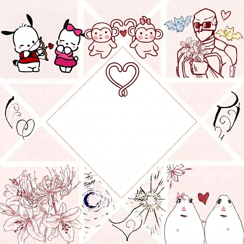 vale, quiero que de esta imagen, quites los 2 corazones de arriba en el medio que estan al lado de los dibujos de las esquinas superiores y pongas  en cada corazon los monos de la imagen 2, tipo, en un corazon el mono de la derecha y en el otro el mono de la izquierda, y que cambies la parte negra que aparece en la imagen 1 por un corazon que hacen las colas