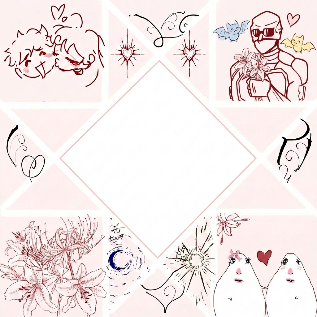 vale, ahora de esta imagen quiero que cambies la esquina superior derecha por la imagen 2. Haz que el dibujo de la imagen 2 tenga el mismo formato que los otros dibujos de la imagen 1. Ademas de eso, quiero que cuando pongas la imagen 2, cambies los pajaros y pongas murcielagos pero con el estilo de los pajaros, y que cambies el peluche por un ramo de lirios