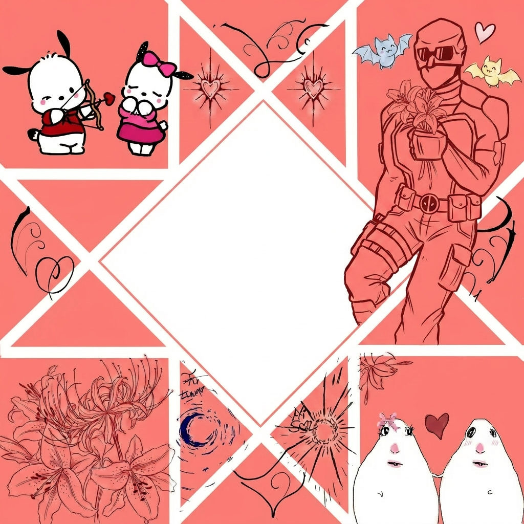 vale, ahora quiero que de la imagen cambies el fondo. No quiero que cambies los dibujos ni como es el fondo con formas geometricas, solo quiero que el fondo sea con un color como " amoroso/pareja"  y que quites los triangulos partidos por la mitad que no tienen nada en su interior, a los triangulos me refiero a las formas que estan al lado del rombo del medio. Que el color no sea muy realista, tipo que sea un rojo claro