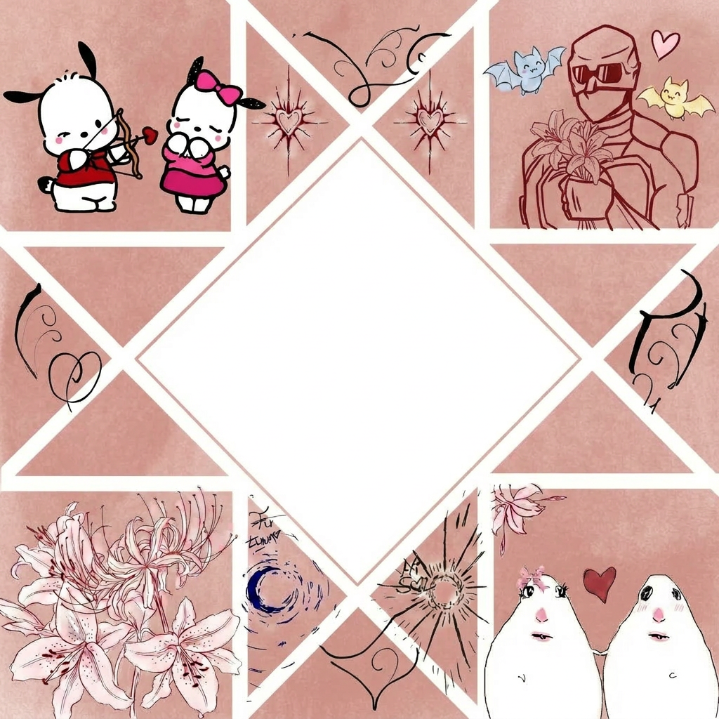 vale, ahora quiero que de la imagen cambies el fondo. No quiero que cambies los dibujos ni como es el fondo con formas geometricas, solo quiero que el fondo sea con un color como " amoroso/pareja"  y que quites los triangulos partidos por la mitad que no tienen nada en su interior, a los triangulos me refiero a las formas que estan al lado del rombo del medio