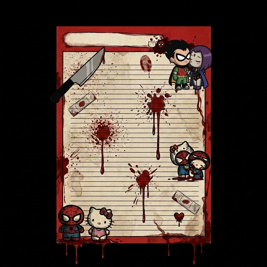 Cambia a piderman y a hello kitty de arriba a la derecha por robin y raven de la primera foto. Quitale un poco de sangre pero no mucha y no modifiques las demas partes de la imagen, solo lo que esta arriba a la derecha. Pero dibuja a raven y robin con el estilo del spiderman y la hello kitty de abajo a la izquierda pero besandose