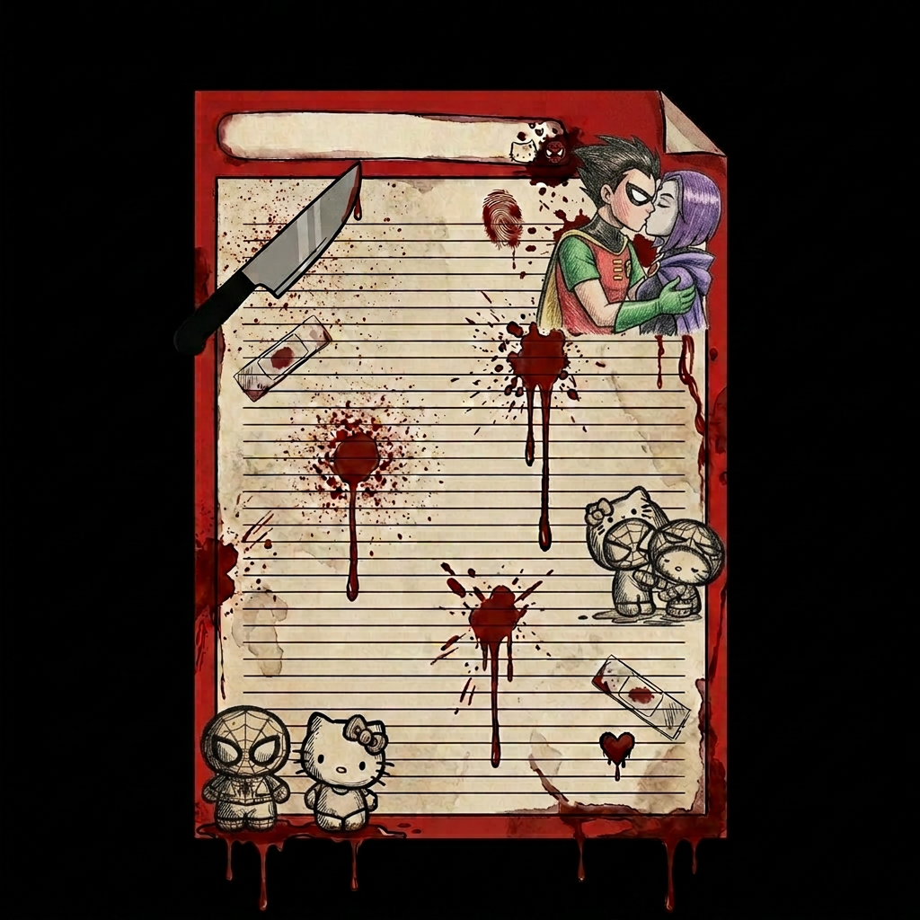 Cambia a piderman y a hello kitty de arriba a la derecha por robin y raven de la primera foto. Quitale un poco de sangre pero no mucha y no modifiques las demas partes de la imagen, solo lo que esta arriba a la derecha. Pero dibuja a raven y robin con el estilo del spiderman y la hello kitty de abajo a la izquierda pero besandose
