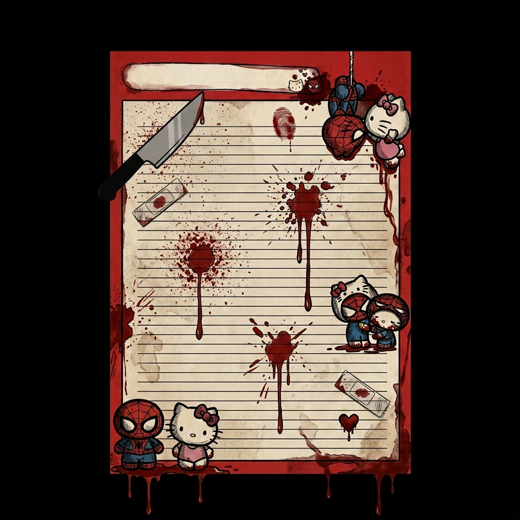 pon el cuchillo que eta en la imagen 2, arriba a la izquierda, tapando los corazones de spiderman y hello kitty. El cuchillo tiene que tener un estilo a dexter. Tipo, remplaza lo 2 corazones por el cuchillo y que tenga menos sangre y que ea un poco meno realita