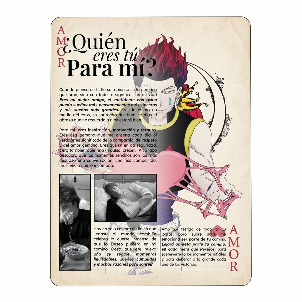 Haz que la primera carta de amor, tenga el diseño de la segunda imagen (como si fuera el fondo), pero que en vez del joker que esta en la imagen 2, que sea el personaje de la imagen 3. Haz todo como si estuviera dibujado en ordenador pero que no sea tan experto ni hecho por IA. Es un regalo para mi novia
