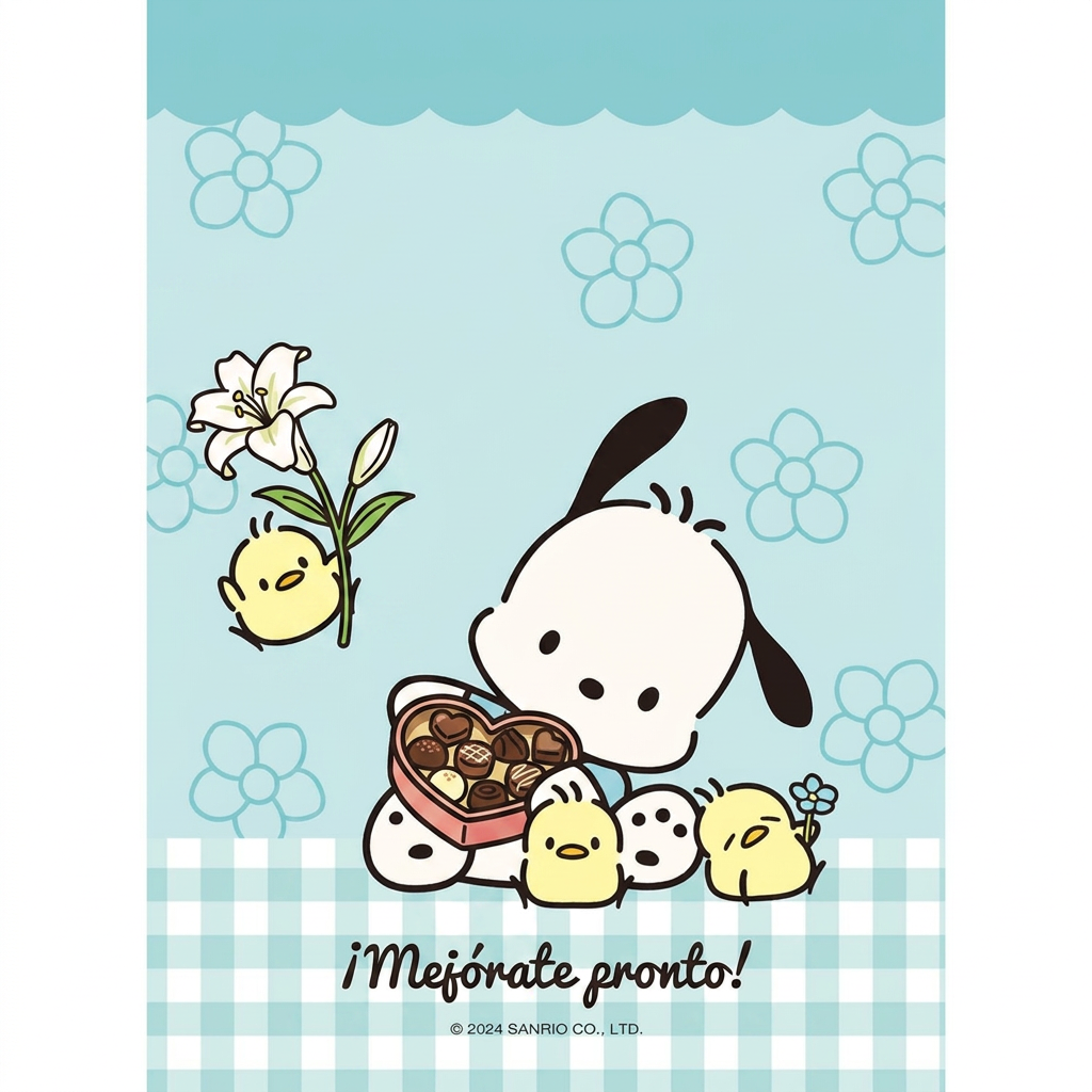 AI Design for Quiero que a la imagen le quites el texto que dice "pochacco" y el de "dont forget me + lo de abajo" y pongas un texto que diga: Mejorate pronto

Tambien quiero que pochacco este sosteniendo una caja de bombones y que el pollito con la flor, sea una flor de lirio. Quiero que todo se vea que esta dibujado