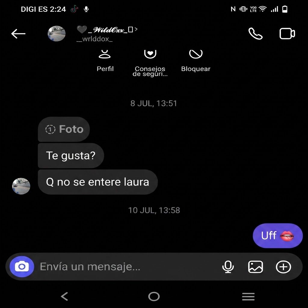 AI Design for cambia el mensaje de instagram que esta en el chat de color gris, el que dice "vete a la mierda" por los 3 mensajes que estan en la foto 2. Luego de que remplaces todo sin cambiar ni la tipografia ni nada de la imagen, haz que el mensaje que dice "gracias igualmente" diga "uff" y añadele un emoji de labio mordiendose. Que sea todo en una misma imagen, del mismo tamaño que los mensajes de instagram normales