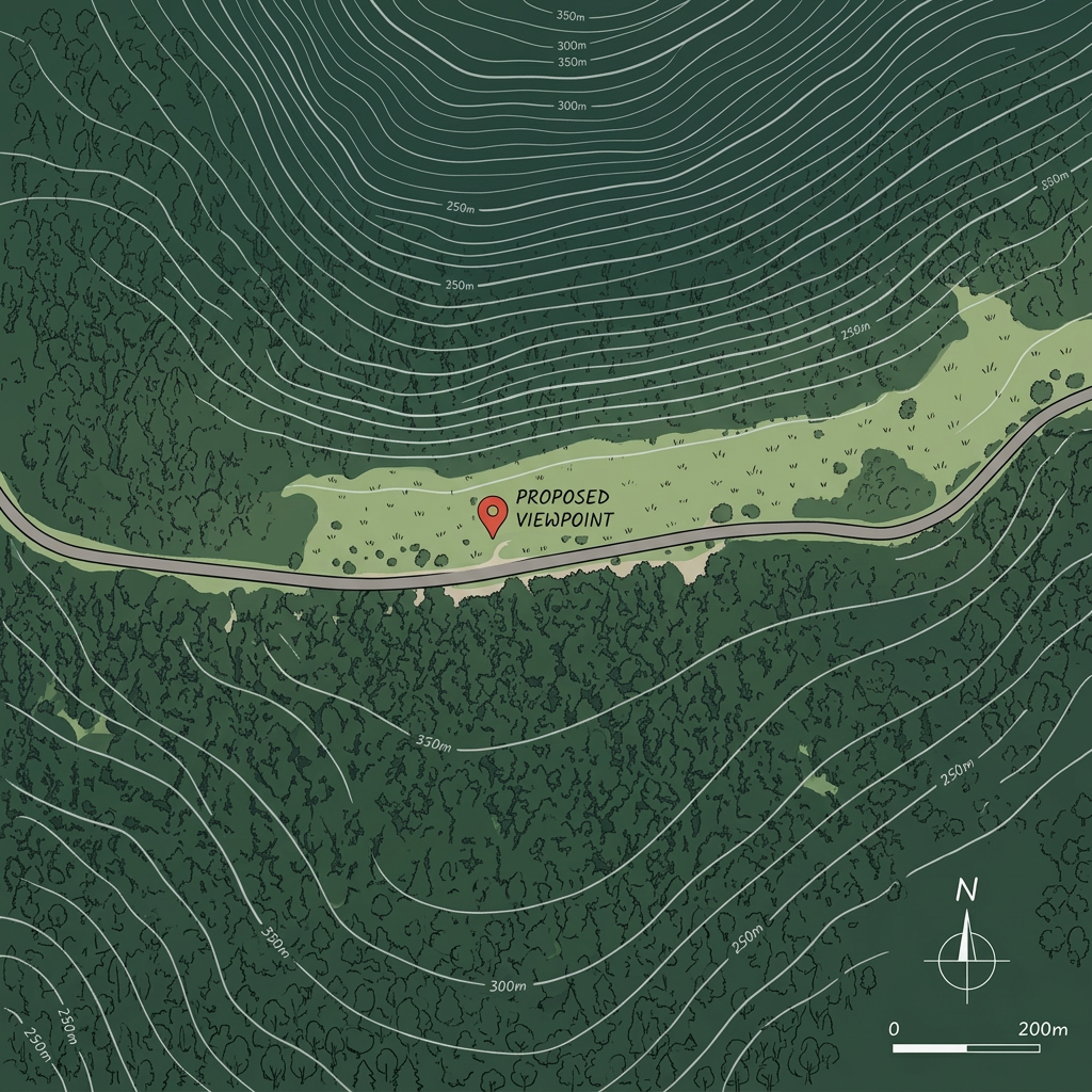 TURN THIS PICTURE INTO AN ILLUSTRATED PROJECT SITUATION FOR ME. ADD ISOHYPSES. THE TERRAIN DESCENDS FROM THE ROAD TOWARDS THE UPPER BOUNDARY OF THE PICTURE. MAKE IT NICE. WITHOUT THESE NAMES
