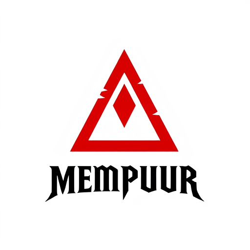 AI Design for An illustration of a logo for a metal rock band called "Mempuur". The logo is a combination of the band's name in a bold, black font with a large, red, inverted triangle over the text. The triangle has a sharp point downward. The background is white.