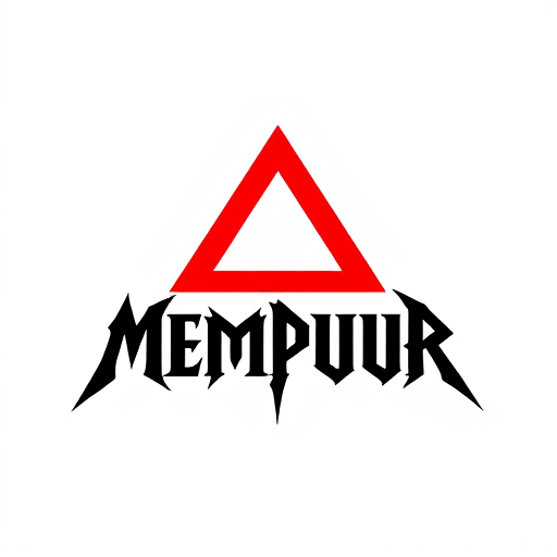 AI Design for An illustration of a logo for a metal rock band called "Mempuur". The logo is a combination of the band's name in a bold, black font with a large, red, inverted triangle over the text. The triangle has a sharp point downward. The background is white.