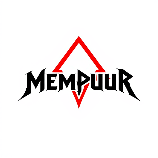 AI Design for An illustration of a logo for a metal rock band called "Mempuur". The logo is a combination of the band's name in a bold, black font with a large, red, inverted triangle over the text. The triangle has a sharp point downward. The background is white.