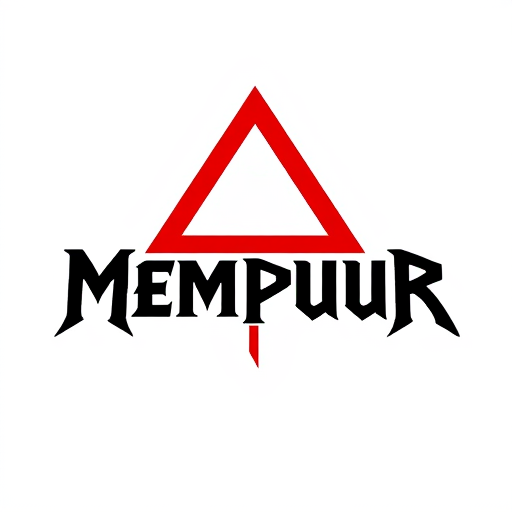 AI Design for An illustration of a logo for a metal rock band called "Mempuur". The logo is a combination of the band's name in a bold, black font with a large, red, inverted triangle over the text. The triangle has a sharp point downward. The background is white.