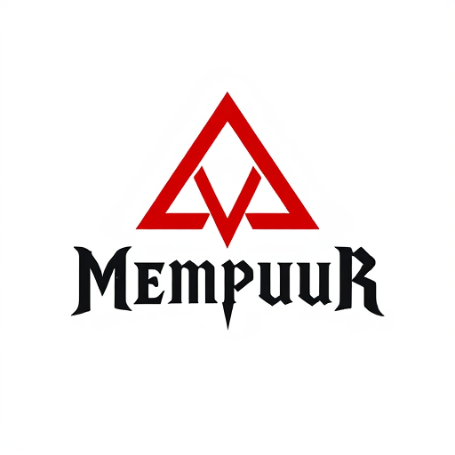 AI Design for An illustration of a logo for a metal rock band called "Mempuur". The logo is a combination of the band's name in a bold, black font with a large, red, inverted triangle over the text. The triangle has a sharp point downward. The background is white.