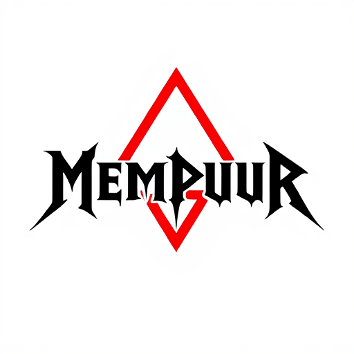AI Design for An illustration of a logo for a metal rock band called "Mempuur". The logo is a combination of the band's name in a bold, black font with a large, red, inverted triangle over the text. The triangle has a sharp point downward. The background is white.