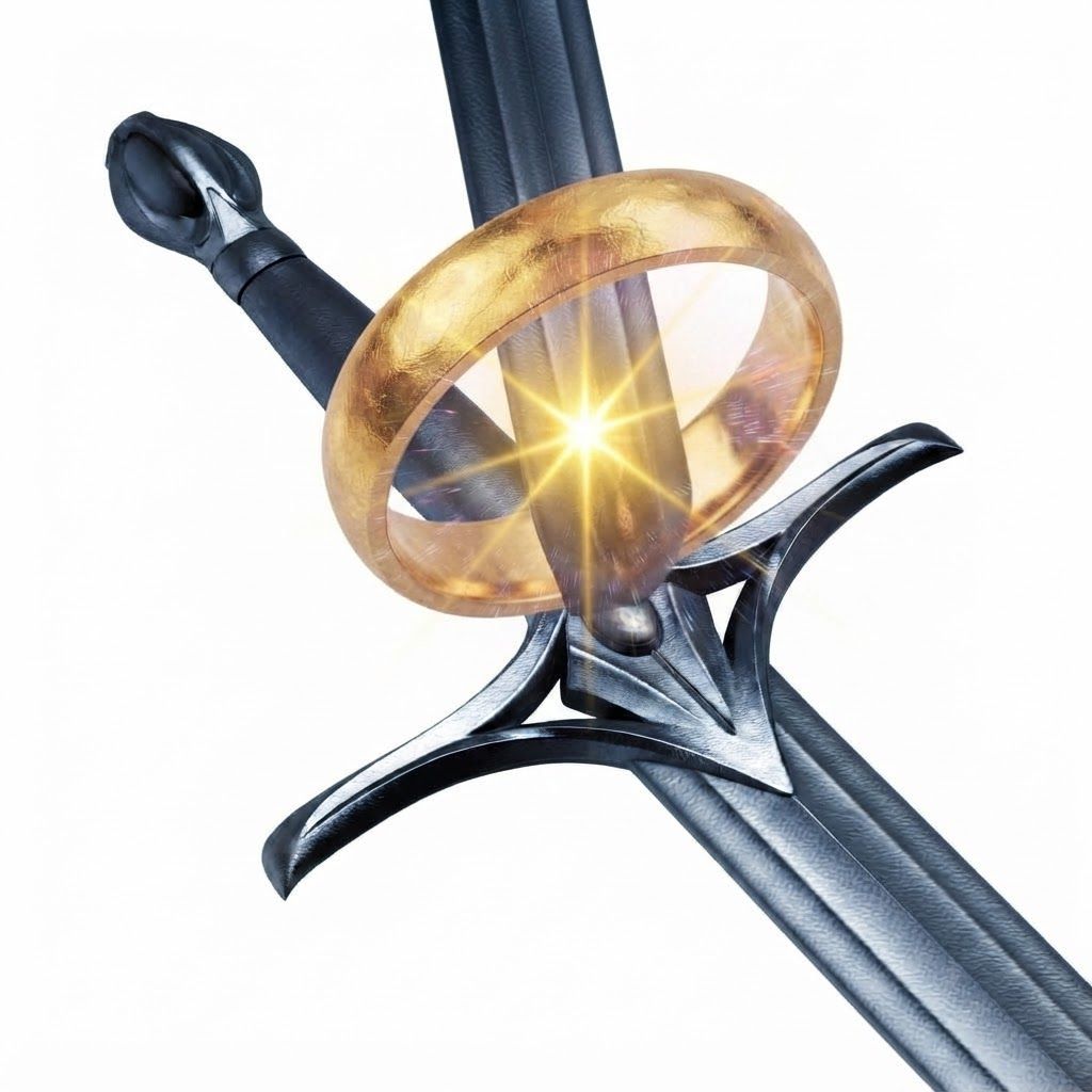 AI Design for make the one golden ring on top the sord so the sword goes inside the middle the ring remain in the same exact position make it larger than reality just for the sake of the picture so the blade is going inside