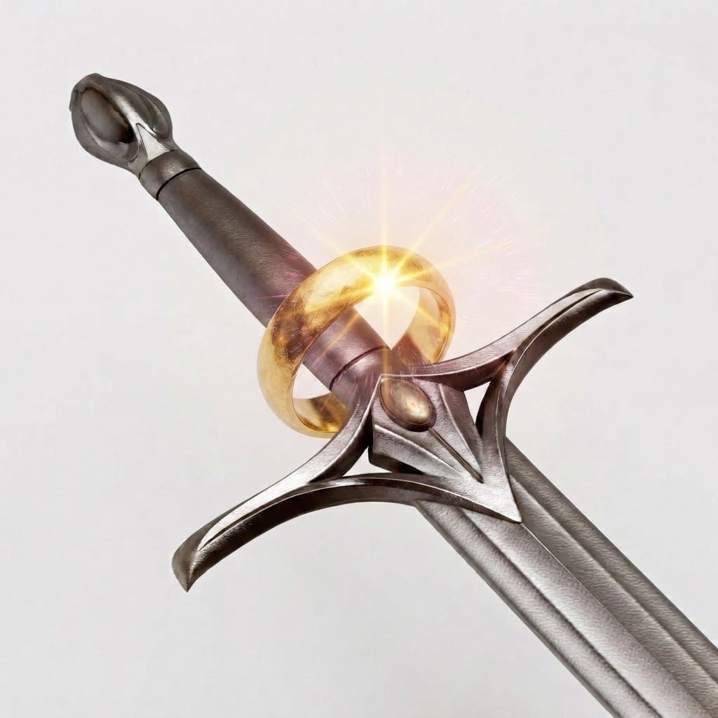 AI Design for make the one golden ring on top the sord so the sword goes inside the middle