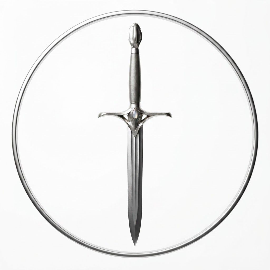 AI Design for A high-fidelity, centered product icon featuring a sleek, sharp sword perfectly balanced inside a minimalist circular frame. The background is pure white to ensure clean isolation, with dramatic studio lighting that accentuates the metallic texture and polished edges of the blade. Professional composition with sharp focus and clean, symmetrical lines suitable for a modern brand icon.