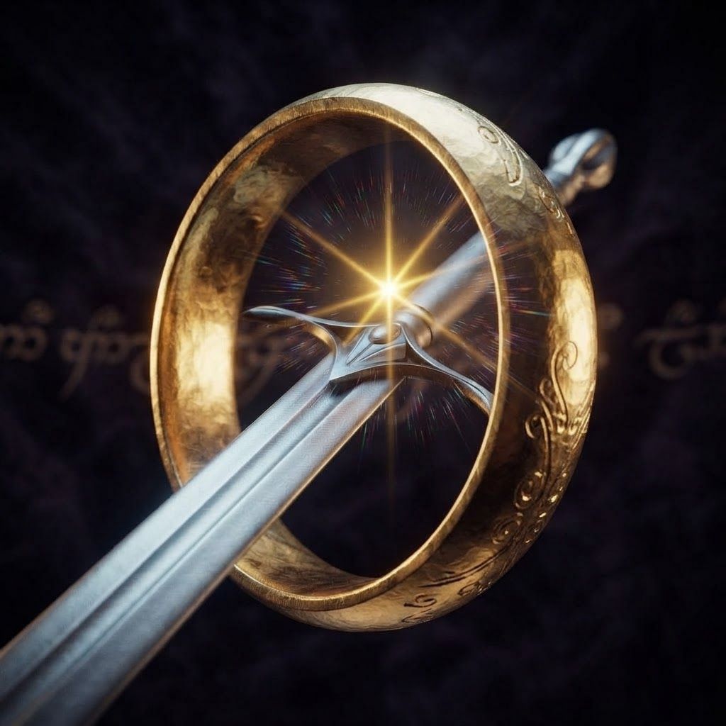 AI Design for A hyper-detailed cinematic close-up of a majestic sword piercing through the center of a colossal, ornate golden ring. The ring is oversized, floating perfectly centered in the air with intricate filigree textures catching the soft, dramatic rim lighting. The composition focuses on the blade passing through the middle of the ring, creating a sharp contrast between the cold steel and the warm, glowing metallic gold.