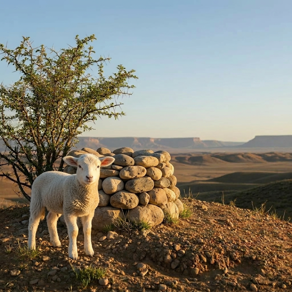 make the lamb stand in front of the altar on the left side , make the altar of round natural stones