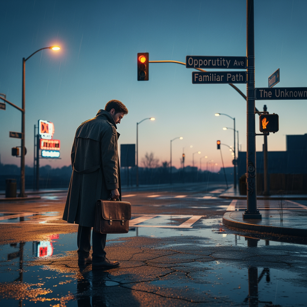 AI Design for a man standing in a junction debating where to go