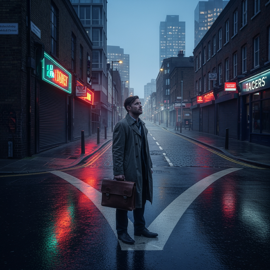 AI Design for a man standing in a junction debating where to go
