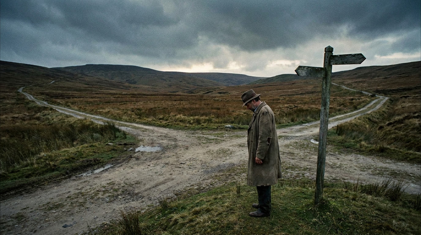 AI Design for A realistic wide shot of a lone man standing at a crossroads where three roads diverge from it, He is captured in a contemplative stance, The scene features a mood of deep introspection and life-altering decisions.