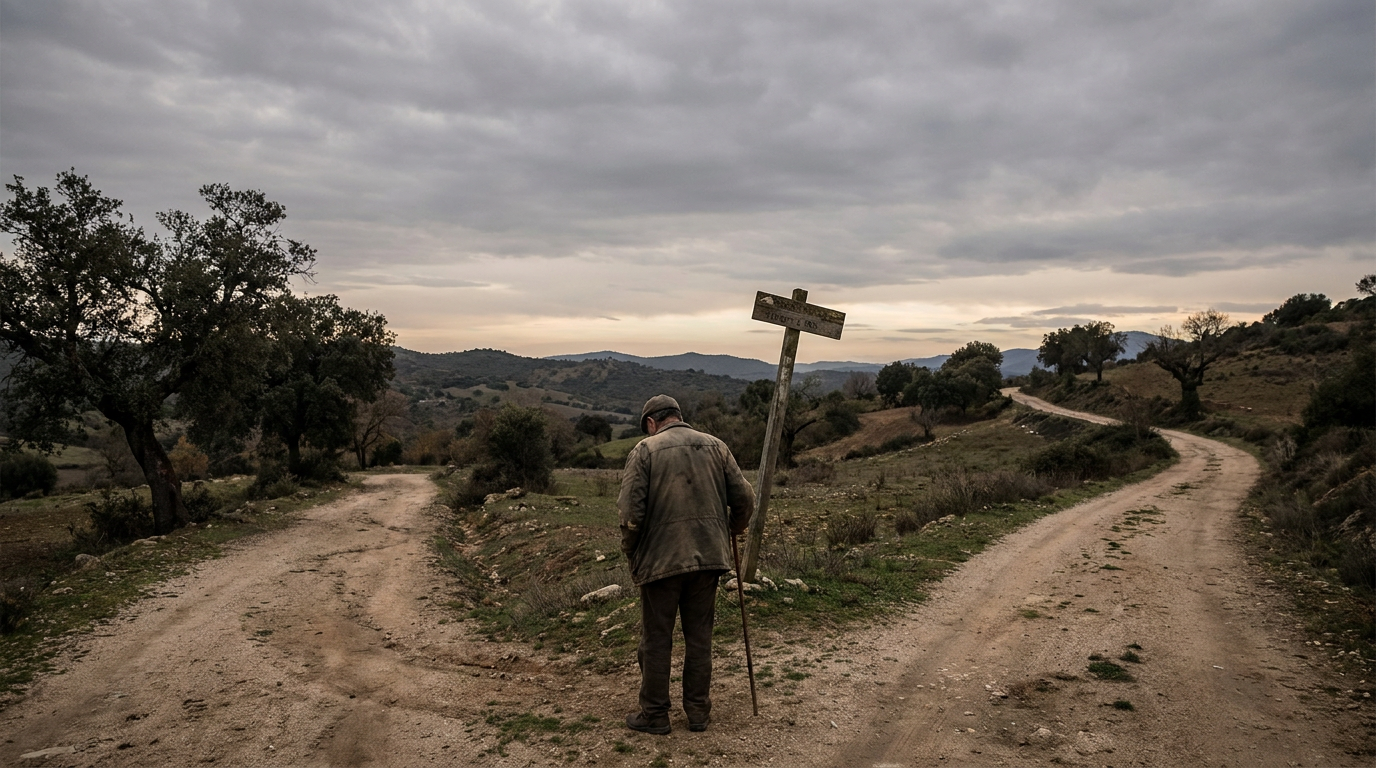 AI Design for A realistic wide shot of a lone man standing at a crossroads where three roads diverge from it, He is captured in a contemplative stance, The scene features a mood of deep introspection and life-altering decisions.