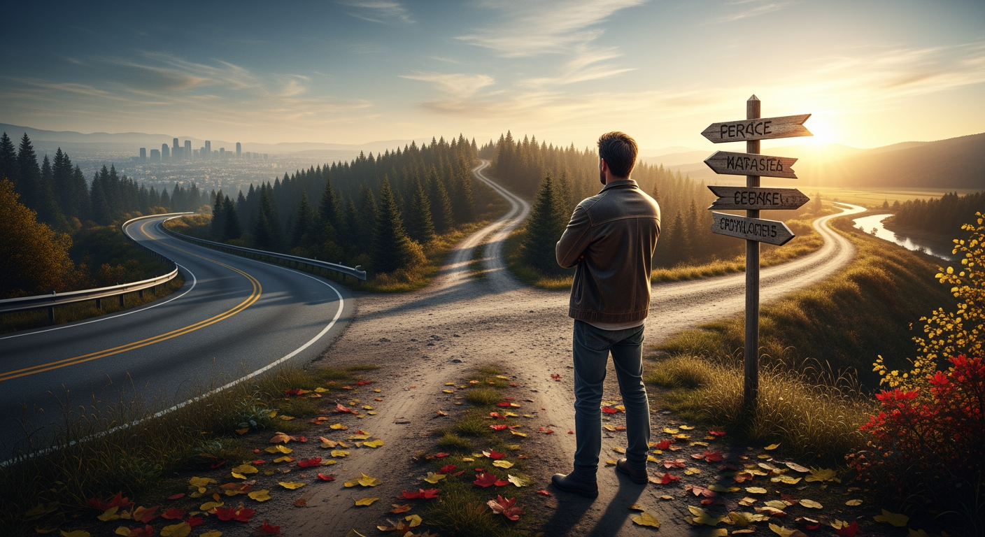 AI Design for a man standing in crossroads of three roads contemplating where to go