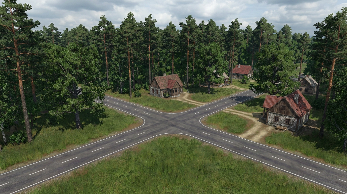 AI Design for add two more roads departing from the junction, add forest and few houses