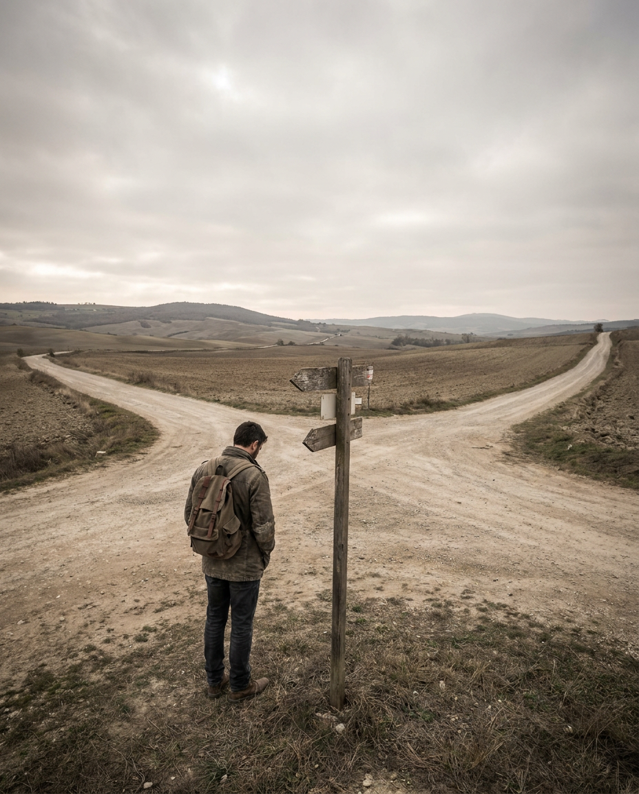 AI Design for A realistic wide shot of a lone man standing at a crossroads where three roads diverge from it, He is captured in a contemplative stance, The scene features a mood of deep introspection and life-altering decisions.