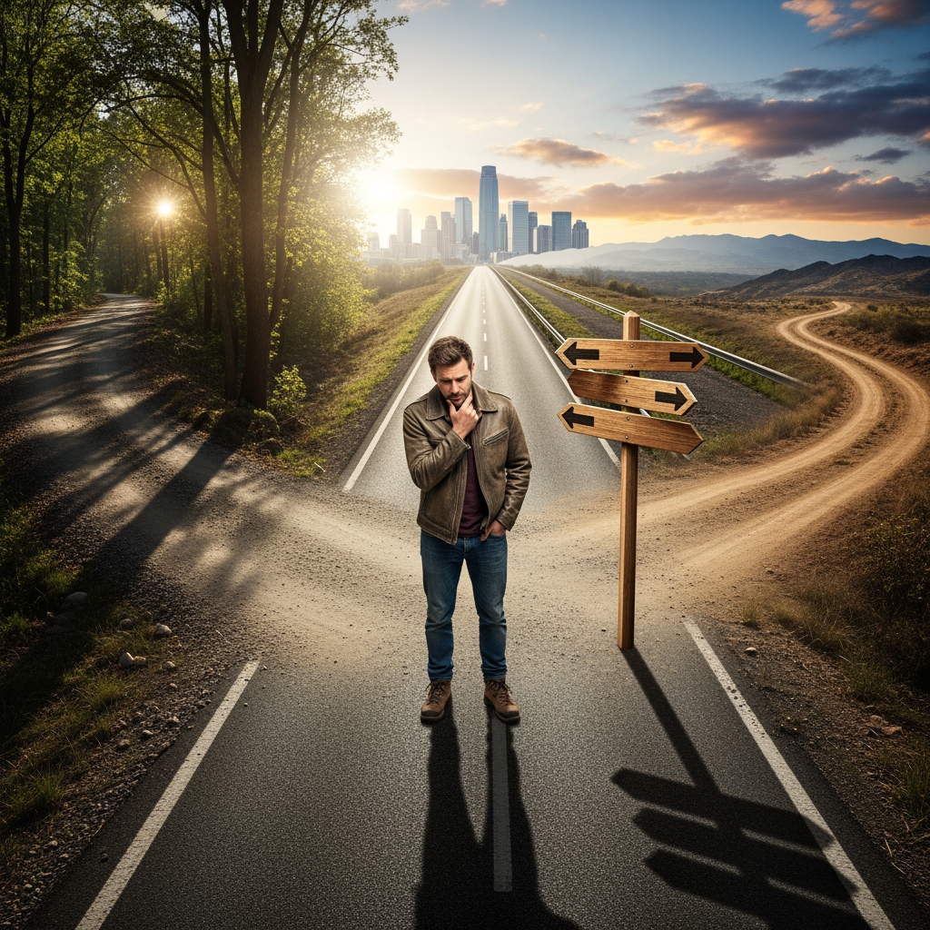 AI Design for a man standing in crossroads of three roads contemplating where to go