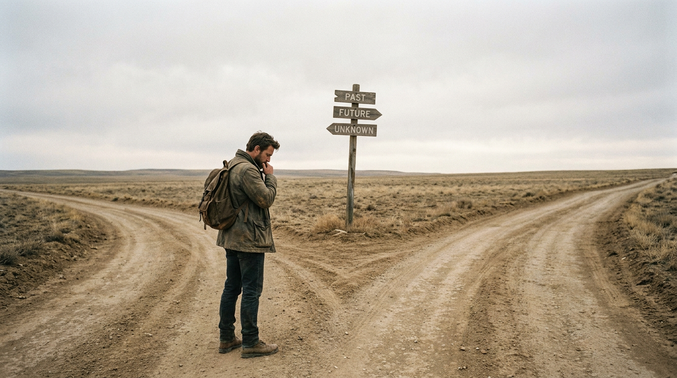 AI Design for A realistic wide shot of a lone man standing at a crossroads where three roads diverge from it, He is captured in a contemplative stance, The scene features a mood of deep introspection and life-altering decisions.