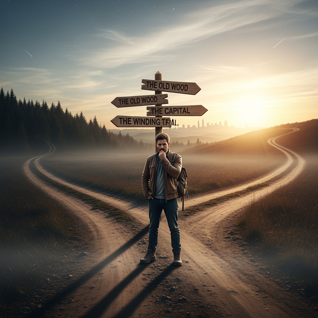 AI Design for a man standing in crossroads of three roads contemplating where to go