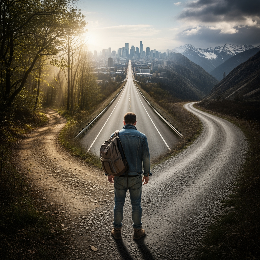 AI Design for a man standing in crossroads of three roads contemplating where to go