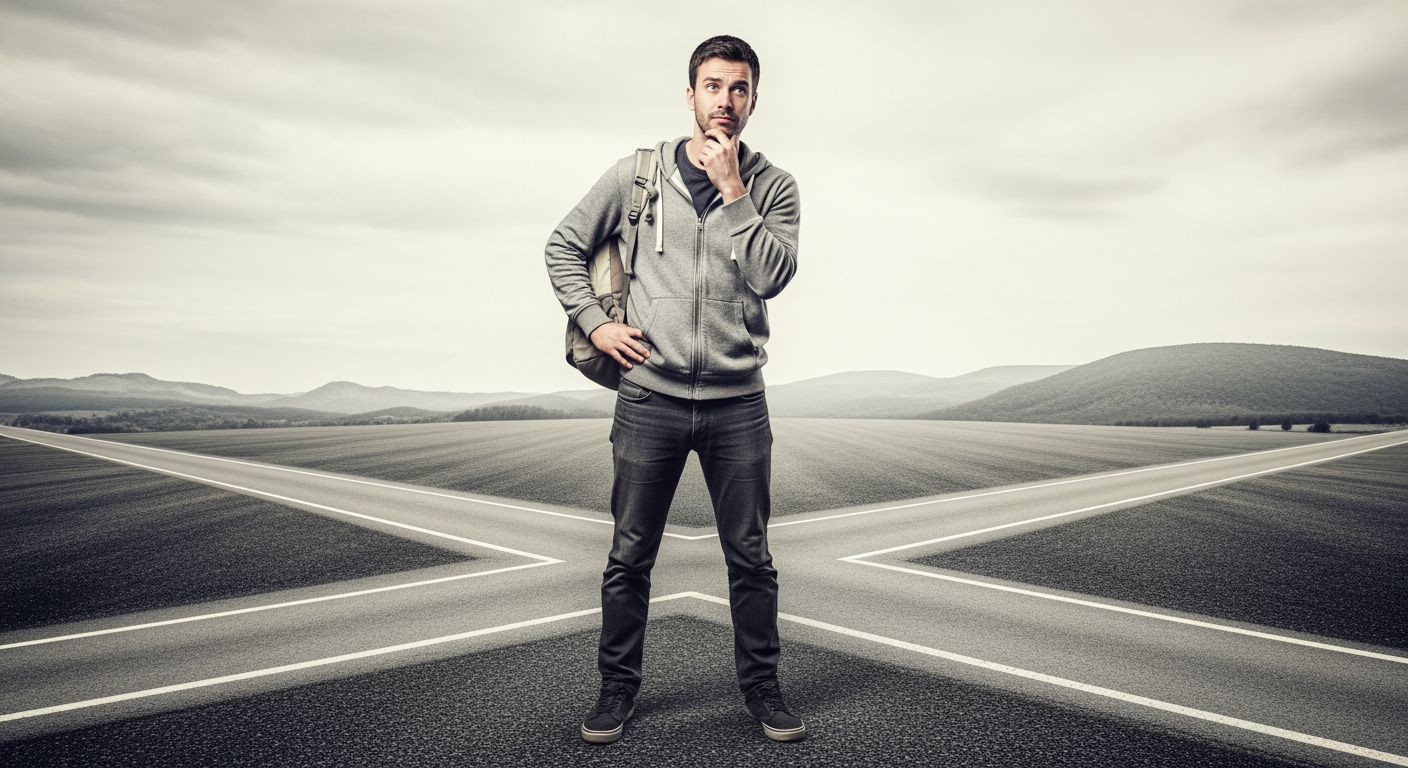 AI Design for a man standing in crossroads of three roads contemplating where to go