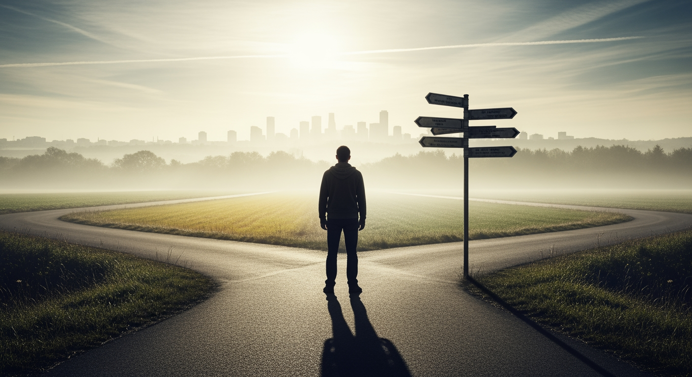AI Design for a man standing in crossroads of three roads contemplating where to go