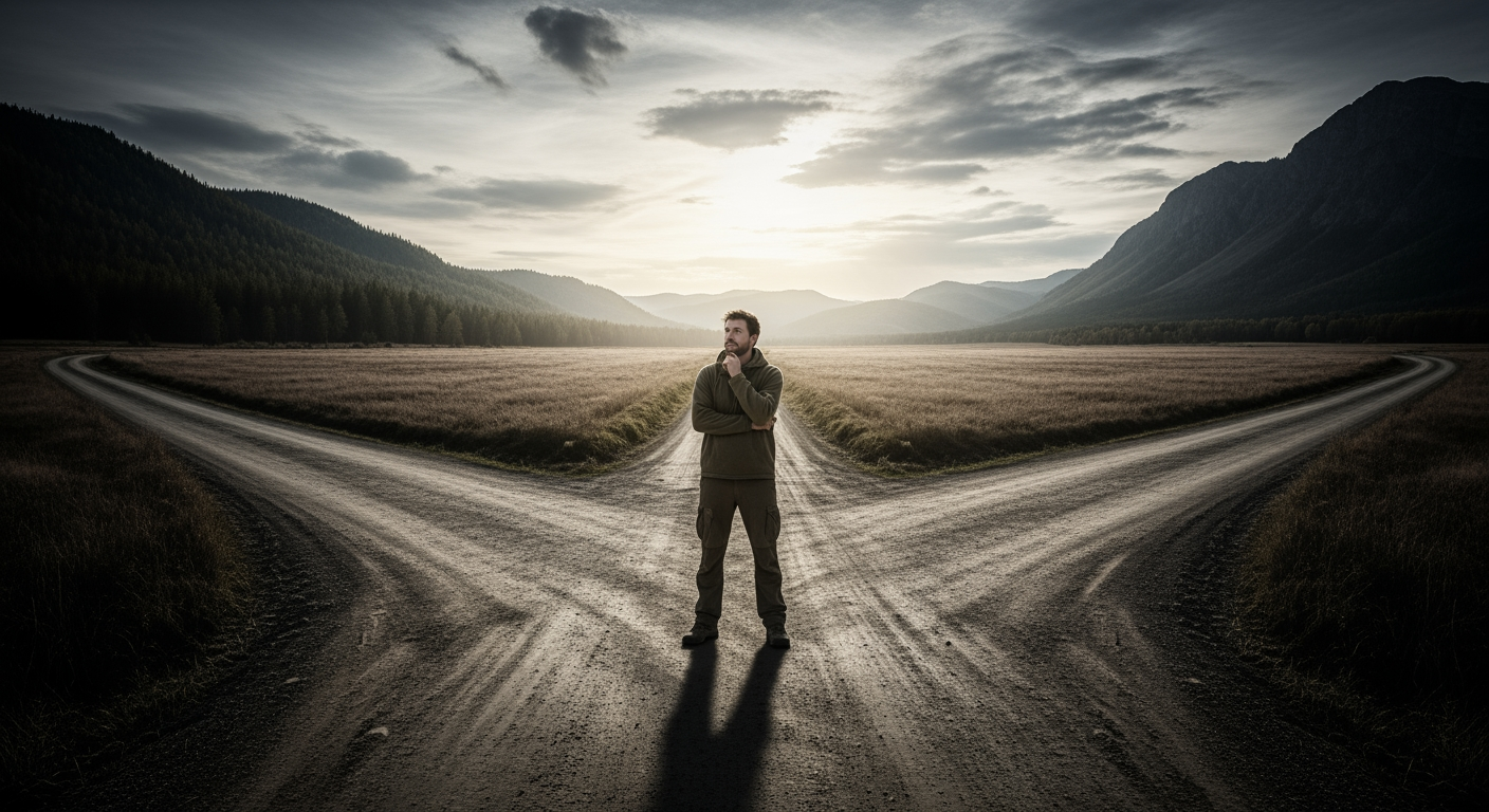 AI Design for a man standing in crossroads of three roads contemplating where to go