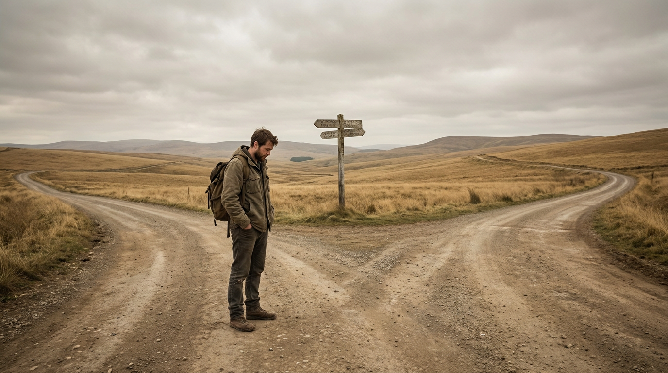 AI Design for A realistic wide shot of a lone man standing at a crossroads where three roads diverge from it, He is captured in a contemplative stance, The scene features a mood of deep introspection and life-altering decisions.