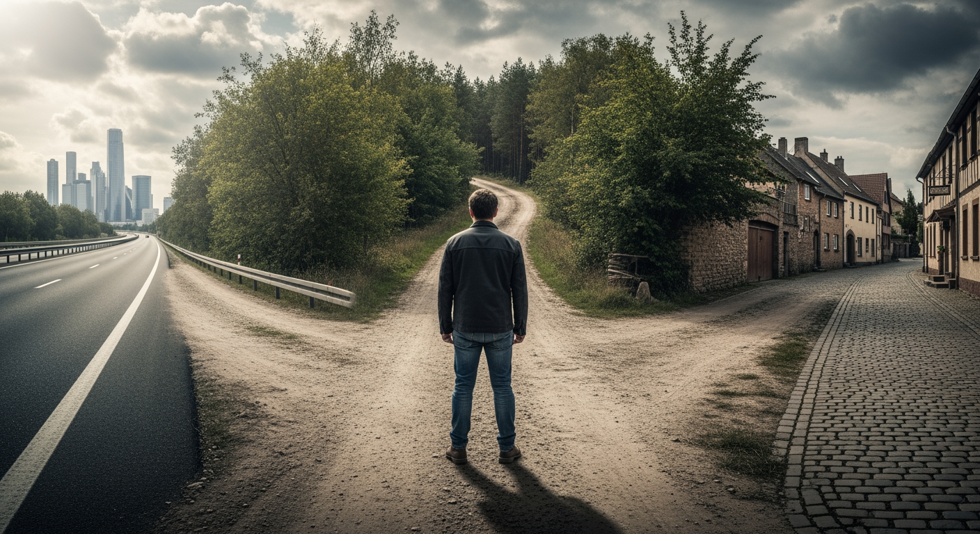 AI Design for a man standing in crossroads of three roads contemplating where to go