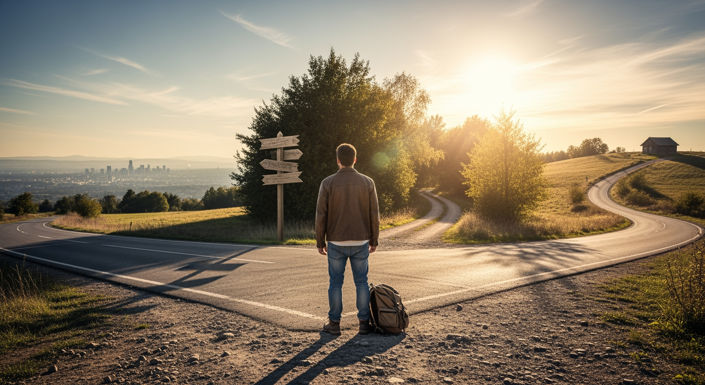 AI Design for a man standing in crossroads of three roads contemplating where to go