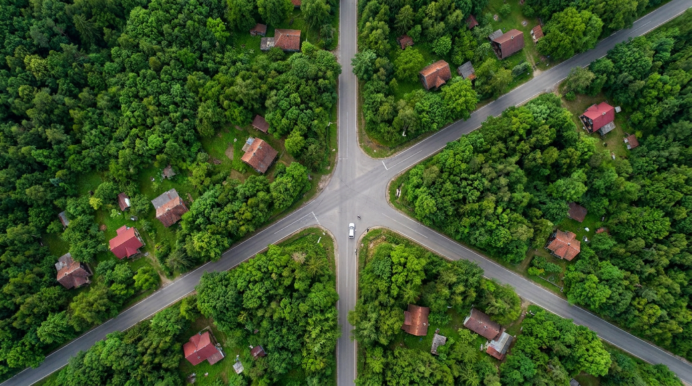 AI Design for add two more roads departing from the junction, add forest and few houses