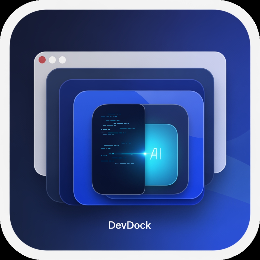 AI Design for # 🎨 DevDock — Premium macOS App Icon Design Prompt

Design a world-class, premium macOS application icon for **DevDock**, a professional developer workspace and productivity platform built exclusively for macOS.

The icon should immediately communicate **developer workspace, organization, focus, and intelligence**—not simply "coding."

## Design Philosophy

Create an icon that feels like it belongs alongside Apple's own professional applications such as Xcode, Shortcuts, Console, Activity Monitor, and Finder.

The result should be:

* Premium
* Minimal
* Modern
* Elegant
* Instantly recognizable
* Timeless
* Enterprise-quality
* Native to the macOS ecosystem

The icon must be completely original and suitable for commercial App Store distribution.

---

## Core Concept

The primary visual element should be a **stylized macOS workspace/window** that represents a developer's central workspace.

Instead of emphasizing code symbols, the icon should represent:

* Productivity
* Development workspace
* Organization
* Multiple tools working together
* AI-assisted development
* Professional software engineering

The workspace should be the hero of the design.

---

## Visual Elements

Create a clean composition using a combination of:

* A modern macOS application window
* Layered workspace panels
* Dock-inspired organization
* Subtle modular layout
* Depth through layered glass surfaces
* Very subtle AI intelligence accent (soft glow or minimal sparkle integrated into the workspace)

Developer identity should be implied rather than obvious.

If code elements are included, they should be extremely subtle and secondary—not the focal point.

---

## Do NOT Use

Avoid all common developer clichés:

* Giant </> symbols
* Large terminal prompts
* Robot heads
* Chat bubbles
* Brain illustrations
* Circuit boards
* Hexagons
* Generic AI logos
* Large lightning bolts
* Cartoon artwork
* Flat clipart
* Generic folders
* Letter "D"
* Initials "DD"
* Product name text
* Watermarks

The icon should be recognizable without relying on typography.

---

## Visual Style

* Native macOS aesthetic
* Apple Human Interface Guidelines inspired
* Soft glassmorphism
* Rounded-square macOS app icon
* Elegant layered depth
* Crisp vector artwork
* Soft lighting
* Subtle gradients
* High-quality materials
* Clean geometry
* Balanced composition

The icon should feel handcrafted and premium.

---

## Color Palette

Primary colors:

* Deep Navy
* Indigo
* Royal Blue

Accent colors:

* Cyan
* Electric Blue
* Soft White

Optional subtle accent:

* Violet

Avoid oversaturated or neon colors.

Maintain excellent visibility in both Light Mode and Dark Mode.

---

## Lighting

Use:

* Soft ambient lighting
* Gentle reflections
* Refined highlights
* Premium glass materials
* Smooth depth

Avoid:

* Heavy shadows
* Harsh glows
* Excessive reflections
* Overly dramatic effects

---

## Scalability

The icon must remain sharp and recognizable at:

* 16×16
* 32×32
* 64×64
* 128×128
* 256×256
* 512×512
* 1024×1024

Every size should preserve clarity and identity.

---

## Brand Personality

The icon should communicate:

* Professional
* Intelligent
* Organized
* Fast
* Reliable
* Clean
* macOS-native
* Built for developers

It should look like software created by a company with the design quality of Apple, Linear, Raycast, Notion, or Arc Browser.

---

## Final Goal

Create an iconic, memorable macOS application icon that instantly conveys **"the professional workspace for developers"** rather than simply **"an app for writing code."**

The final result should be elegant, distinctive, premium, and worthy of being the face of DevDock for years to come.